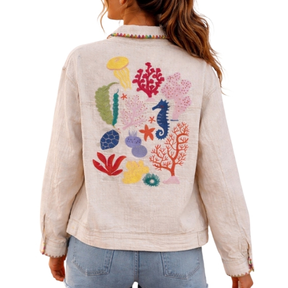 La Ros Bohemiam Sea Linen Embroidery Jacket Large Nwt
